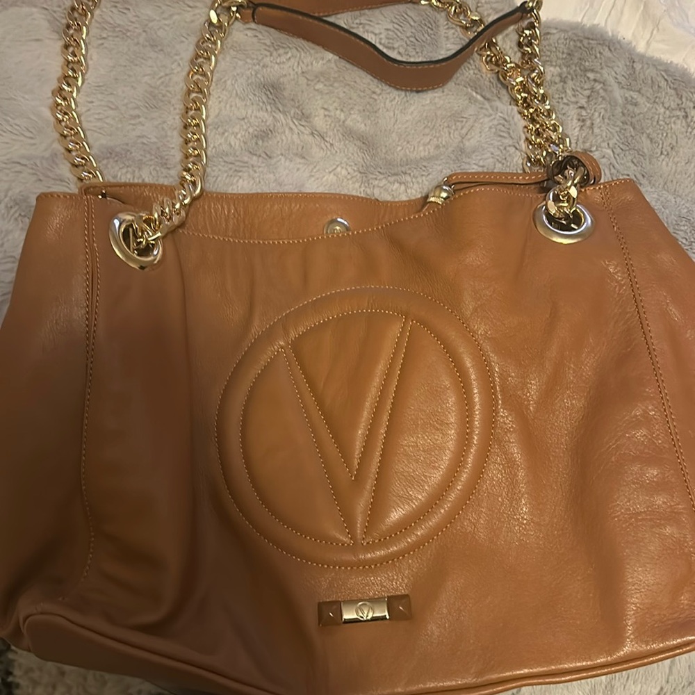 Valentino Tan Leather Tote with Gold Chain Straps